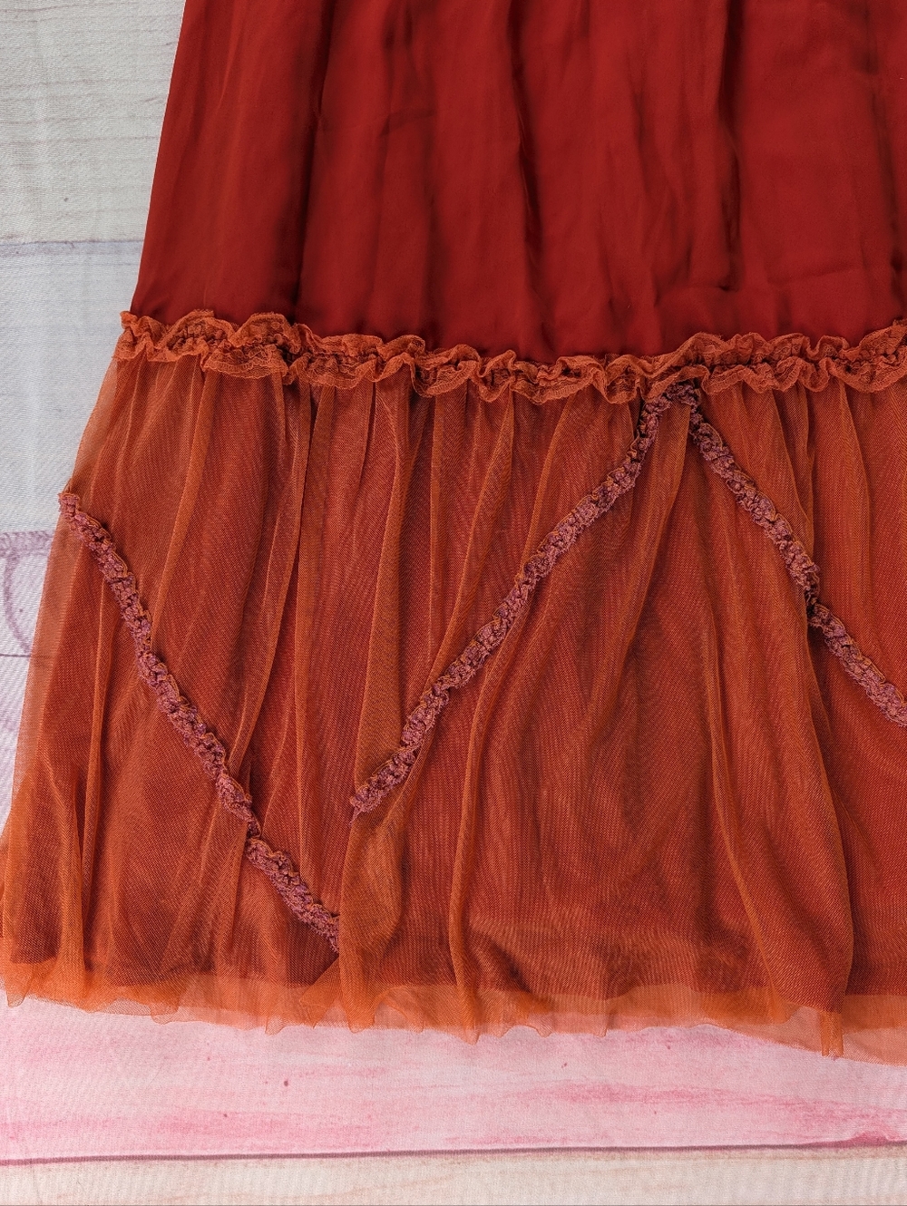 Vintage 70s/80s Prairie Dress Burnt Orange Boho Midi Ruffle Tulle Maxi Dress - Picture 6 of 10